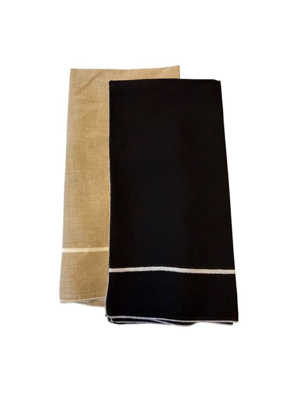 Set of 2 Vintage Linen Handkerchiefs Black & Beige White Border 20 Inch Square